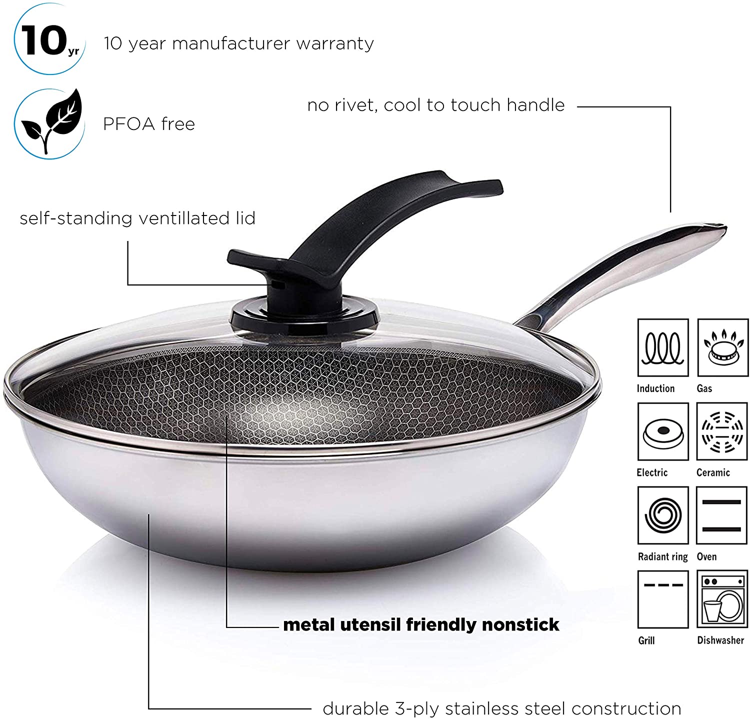 Honey Comb Non-Stick 304 Stainless Steel Wok with Tempered Glass Lid 32cm